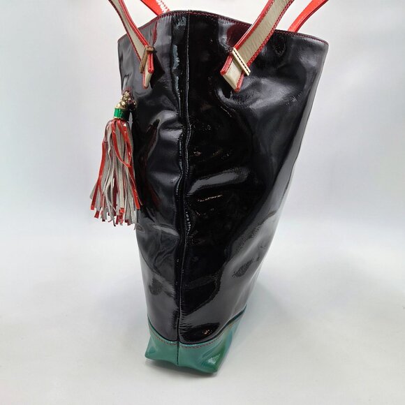 Rare Christian Louboutin CABAS Black Vinyl Tote With Green Red Accents & Tassels - Picture 5 of 13